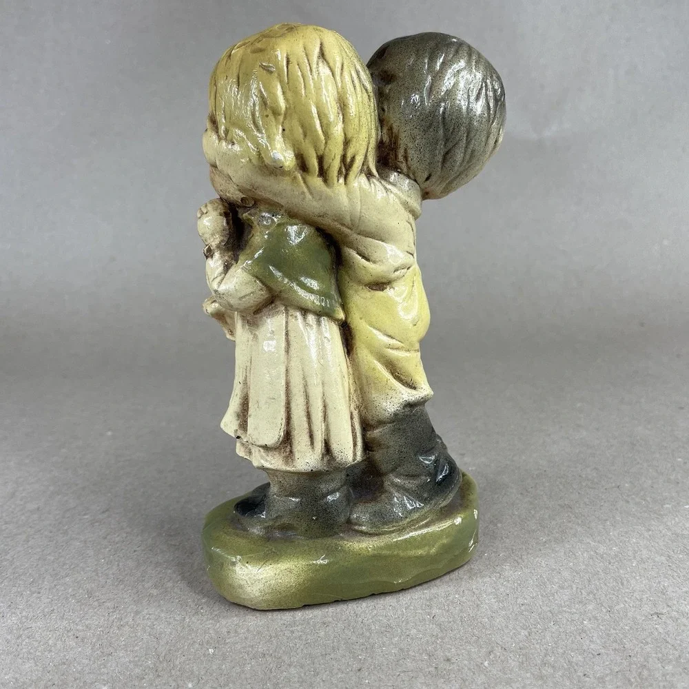 Vintage Boy Covering Girls Eyes‎ Holding Basket Figurine Surprise Yellow Green